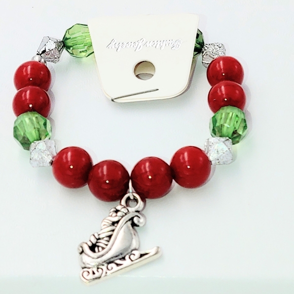 261C87. Red, Green Silver Bracelet with Sleigh Charm - Picture 2 of 3
